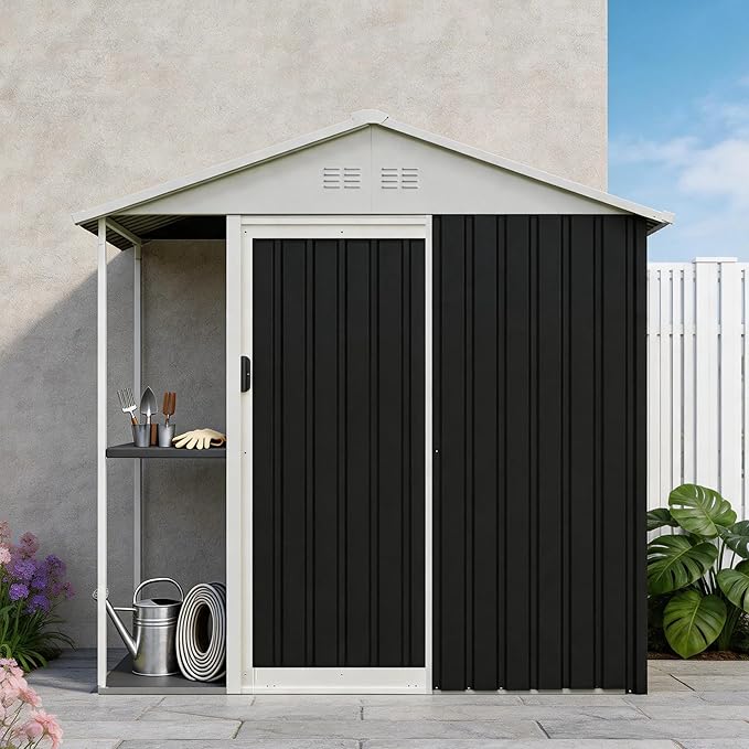 6'x4' Outdoor Storage Shed with External Rack and Shelves, Heavy Duty Metal 2-in-1 Garden Tool Buliding Shed with 1.3'x3.7' Open Side Storage Area for Bike, Lawn, Patio, Backyard