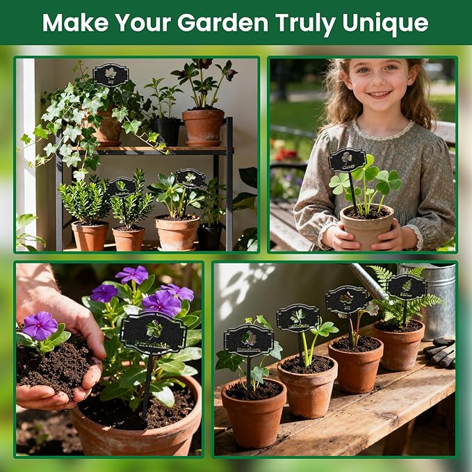 CUTHOLLOW 8PCS Metal Plant Markers Stakes Leafy Plants for Outdoor Indoor, 3.5"x7" Waterproof Cute Garden Plant Labels Signs Tags for Farmhouse Greenhouse Decor - Funny Gardening Gifts