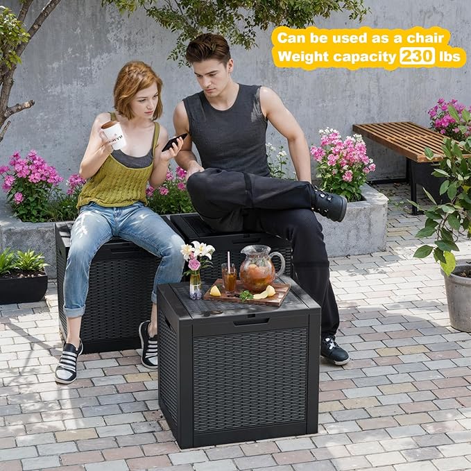 31 Gallon Wicker Pattern Resin Deck Box, Lockable Patio Outdoor Storage Box for Furniture, Garden Tools and Tools Storage, Waterproof Outside Storage Box (Black)