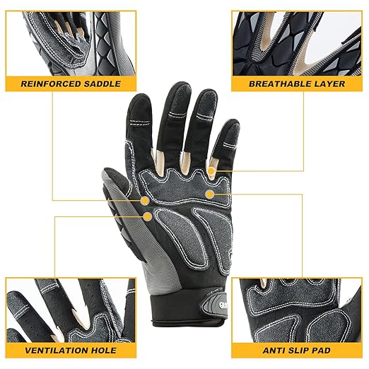 Safety Work Gloves Men Women, TPR Impact Gloves for Men Women, Anti-Vibration Gloves, Touch Screen Heavy Duty Work Glove for Gardening Construction Mechanic, Leather Tactical Glove, Large