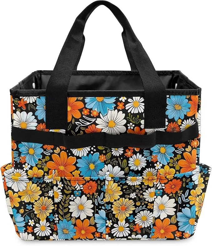Hippie Flower Garden Tool Bag Portable Gardening Tool Organizer Bag with 10 Pockets and Handle Tool Carrier and Storage for Garden Lawn Yard Casual Camp