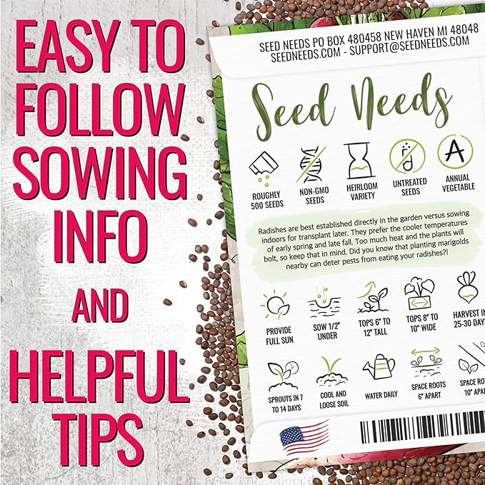 Seed Needs Radish Seeds for Planting French Breakfast Radishes - Non-GMO Heirloom & Untreated - Grow a Home Grown Vegetable Garden - Cool Weather Crops (1 Pack)