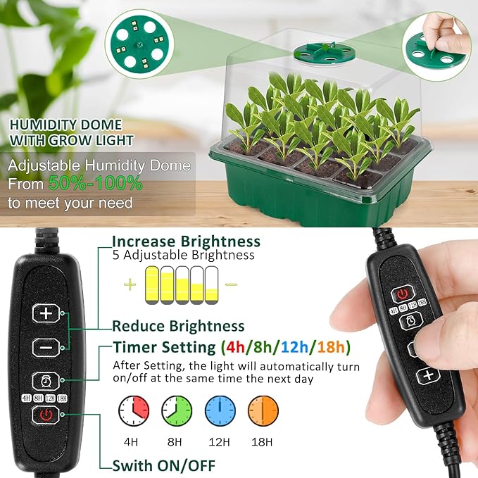 Seed Starter Tray with Grow Lights 5 PCS Kit Humidity Dome Adjustable Brightness Timer Controller 8 LED Seedling Trays with Tall Lid Mini Greenhouse for Staring Seedlings