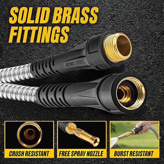 Bionic Steel PRO 50 Ft Metal Garden Hose with Nozzle, Water Hose Made from Heavy Duty 304 Stainless Steel, Flexible, Lightweight, Brass Fittings, Non Kinking, 5/8” Inner Diameter, 500 PSI