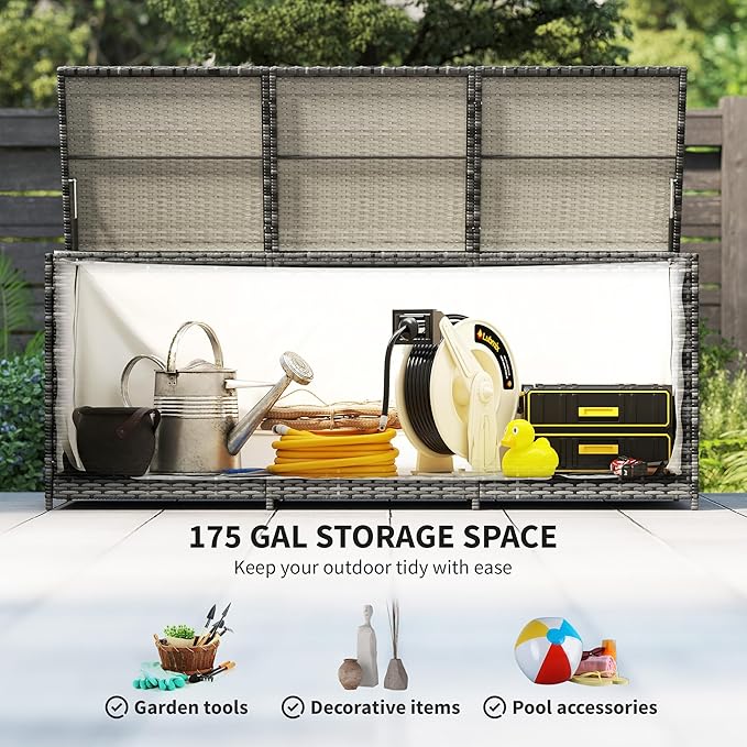 Outsunny 175 Gallon Outdoor Storage Box with Inner Liner, PE Rattan Wicker Deck Box with Pneumatic Bar Lift for Indoor & Outdoor, Patio Furniture Cushions, Pool Supplies, Garden Tools, Mixed Gray
