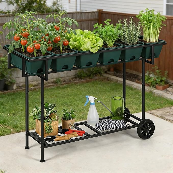 Vrisa Raised Garden Bed with Legs 43x17x29 in Plastic Elevated Planter Box Outdoor with Storage Shelf and Wheels Vegetables Herbs Flowers Standing Garden Beds for Backyard, Patio, Balcony, Green