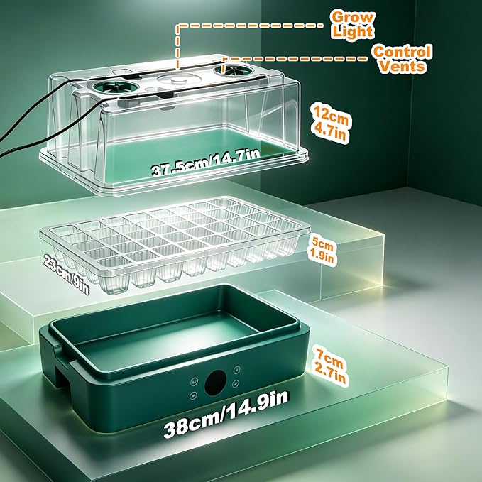 40-Cell Seed Starter Tray with Grow Light, Seedling Tray with Heating Mat Combo,4.3" Higher Lid、Gardening Seed Starter Kit , 1-24H Timer & Temp Control, Herbs, Vegetables,Indoor Plant Starter Kit