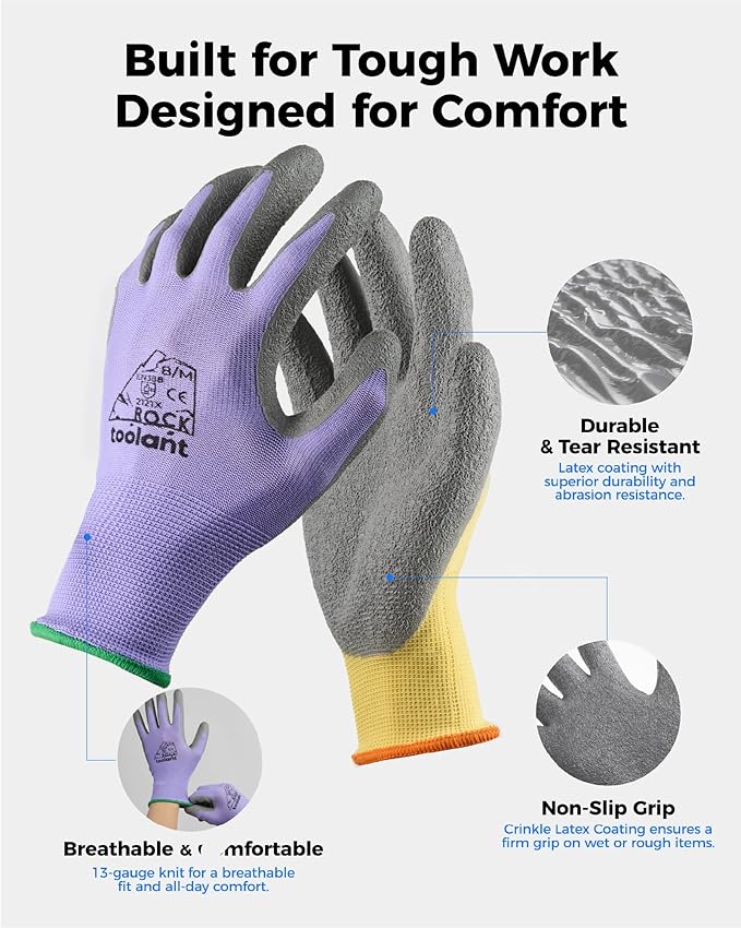 toolant Crinkle Latex Work Gloves Bulk, Rubber Coated Safety Work Gloves for Men and Women, 12 Pairs for Construction, Gardening, Warehouse (Purple & Yellow, Large)