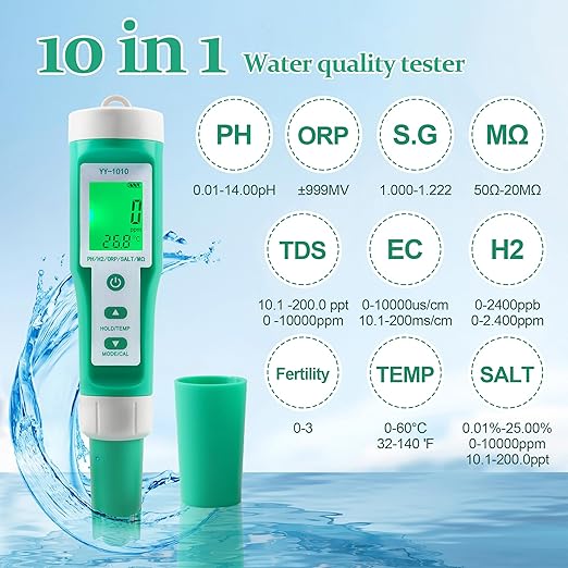 Hydrogen Water Tester 10 in 1 Resistivity/Fertility/H2/pH/TDS/EC/ORP/S.G/Salt/Temp Meter with ATC pH Meter,0.01 High Accuracy pH Tester Digital,TDS Meter PPM Meter for Drinking,Hydroponics,Pool.