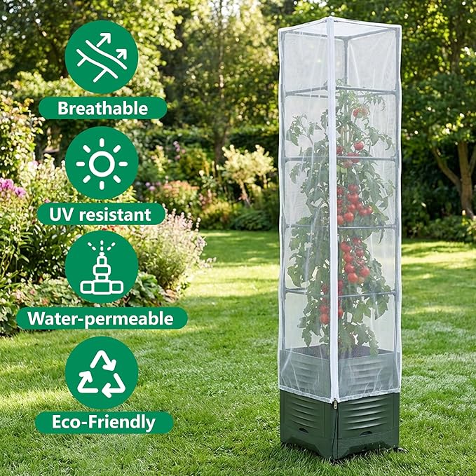 2 Pcs Garden Bird Netting Plant Cover for Square Tomato Cage, 78.7" x 21.6" Insect Bird Barrier Tomato Cage Net with Zipper & Drawstring, Tomato Trellis Netting Protection Cover for Protecting Plants