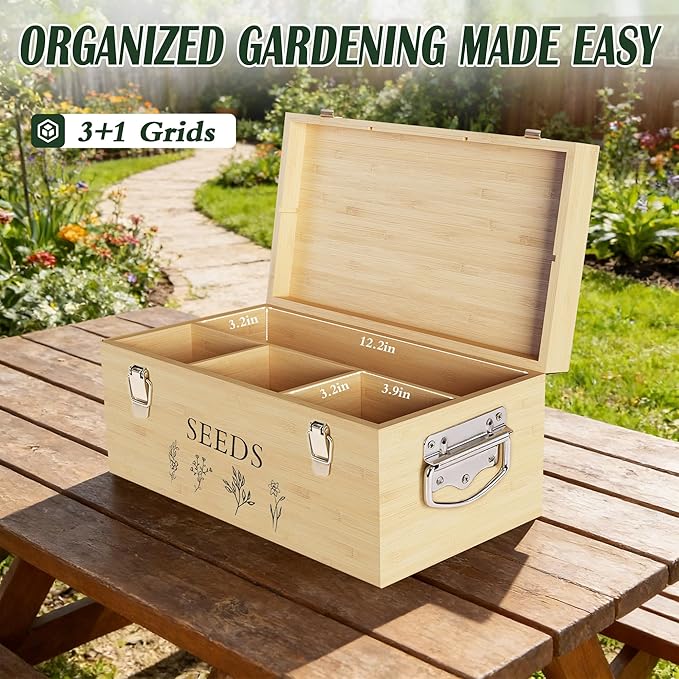 Bamboo Seed Storage Organizer, Large Garden Seed Organizer with Lid & Safety Lock & Handles, Seed Box Includes Seed Envelopes and Labels etc, Great Gifts Gardening Kit (Wood)
