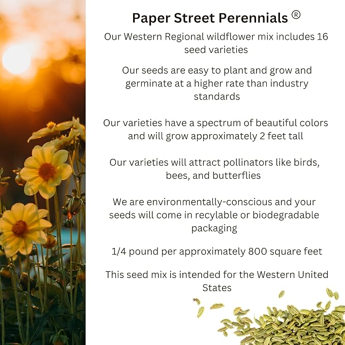 Western U.S. Regional Wildflower Seed Mix, 1 lb Covers 3,200 sq ft, Multi-Color Blooms, Spring and Fall Planting (1 Pound)