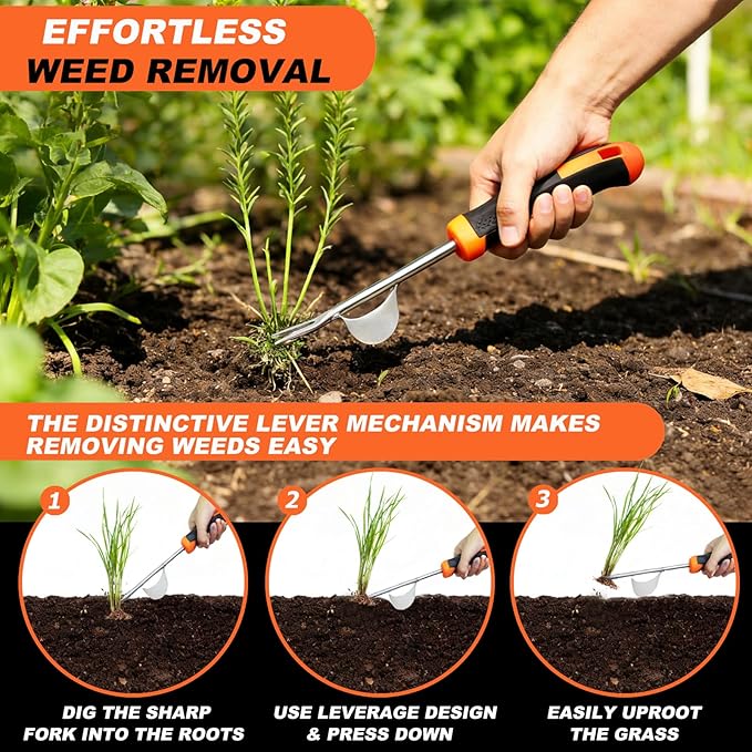 3-Piece Garden Weeder Tool Set, Rubber Grip Hand Weeder, 4-Tine Uprooting Puller & Crevice Weeder, Portable Weeding Artifact for Backyard, Vegetable Garden & Farm