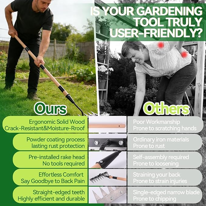 Gardenia Iron Weeding Rake with Handle 3.0,Heavy Duty Iron Rake for Gardening and Weeding,2026 Upgraded 9-Tine Garden Weed Puller Tool, Garden Weed Rake Tool for Removing Weeds,Soil Aeration (9 Teeth)