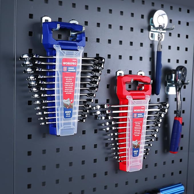 WORKPRO 2-Piece Wrench Organizer, 24-Slot Plastic Wrenches Holder Set with Lock Cover, Metric & SAE Compatibility (Up to 19mm or 7/8), Premium Quality Wrench Rack Tool Trays with Carrying Handle