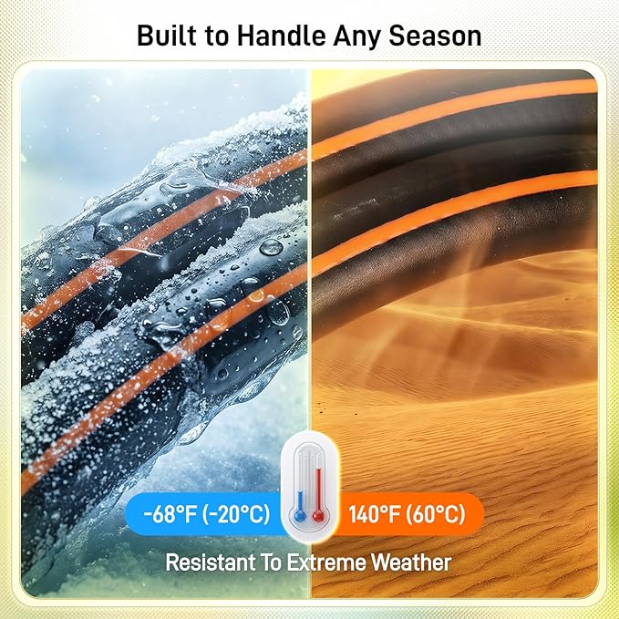 Garden Hose, 75ft 5/8" Heavy Duty Rubber Water Hose, 550 PSI Burst, 360° Anti-Kink Swivel Connectors, All-Weather Flexible, Leakproof 3/4" Brass Male to Female Fittings