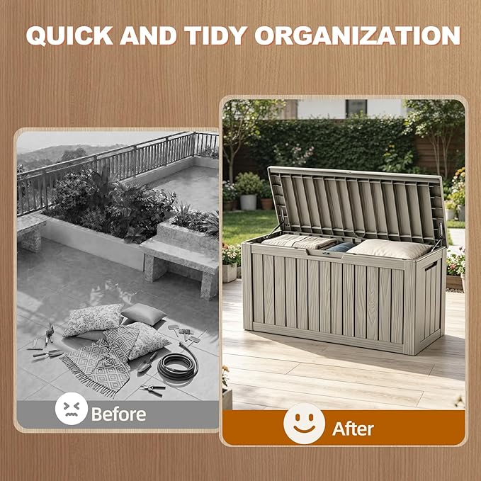 EFU Outdoor Storage Box 100 Gallon Deck Box (Indoor & Outdoor) Lockable UV Resistance Waterproof Resin Storage Bin Storage Box for Outdoor,Patio Storage With Support Rod(Taupe)