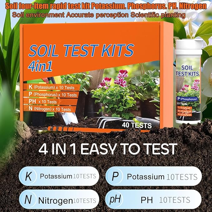 4-in-1 Soil Test Kit - 40 Tests for Nitrogen, Phosphorus, Potassium & PH, Garden Nutrient Tester Strips for Vegetable Plots, Lawns & Greenhouses