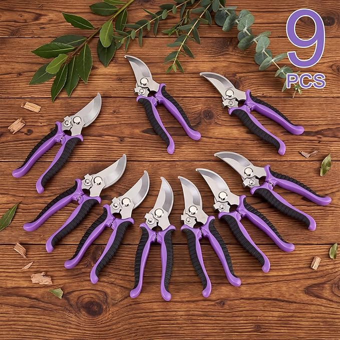 Lothee 9 Pcs Garden Shears Pruning Garden Clippers Bulk Bypass Pruner Heavy Duty for Gardening Hedge Plant Cutting Flower Scissors for Tree Trimming Bonsai Cutting Fruits Picking(Purple)