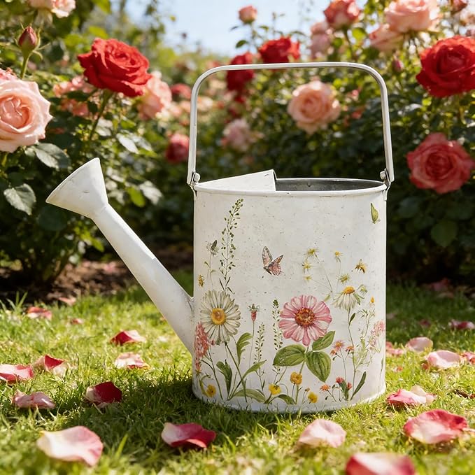Vintage White Metal Watering Can Decorative Garden Watering Pot with Floral & Butterfly Prints Rustic Shabby Chic Design for Indoor Plants, Outdoor Gardening, Home Decor