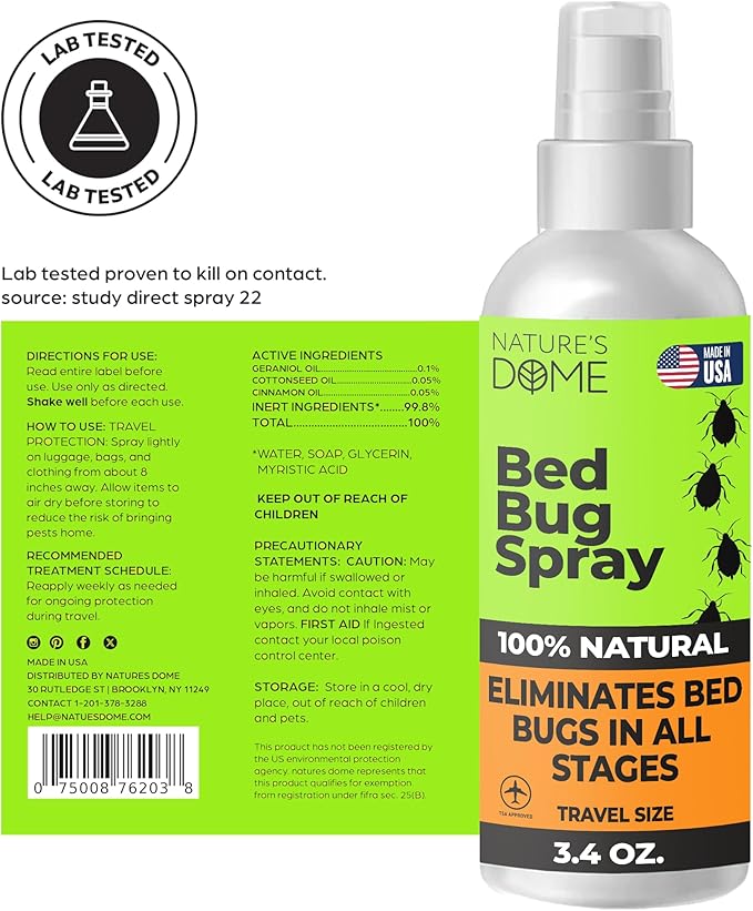 Nature's Dome Bed Bug Spray – 100% Kill Rate, 16 OZ Natural Bed Bug & Mite Killer, Destroys Eggs, Kills Resistant Strains, Long-Lasting Protection, Safe for Home Use (6.8)