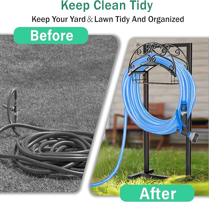 Garden Hose Holder - Freestanding Water Hose Holders for Outside with Storage Basket, Heavy Duty Hose Stand Organizes 150ft Hose Storage Hanger Rack for Yard Lawn Farm