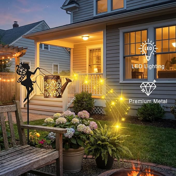 Solar Watering Can with Cascading Lights Outdoor Garden Decor,Waterproof Solar Lantern with Fairy Shepherd Hook,Solar Fairy Lights Outdoor Decoration,Unique Garden Gifts for Women