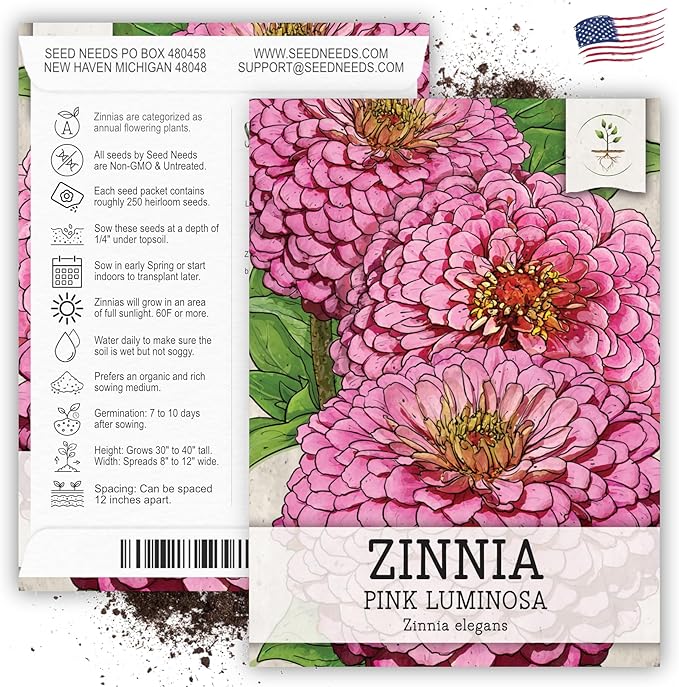 Seed Needs Luminosa Pink Zinnia Seeds for Planting - Heirloom & Open Pollinated Annual Cut Flowers - Grow a Butterfly Garden to Attract Pollinators (1 Pack)