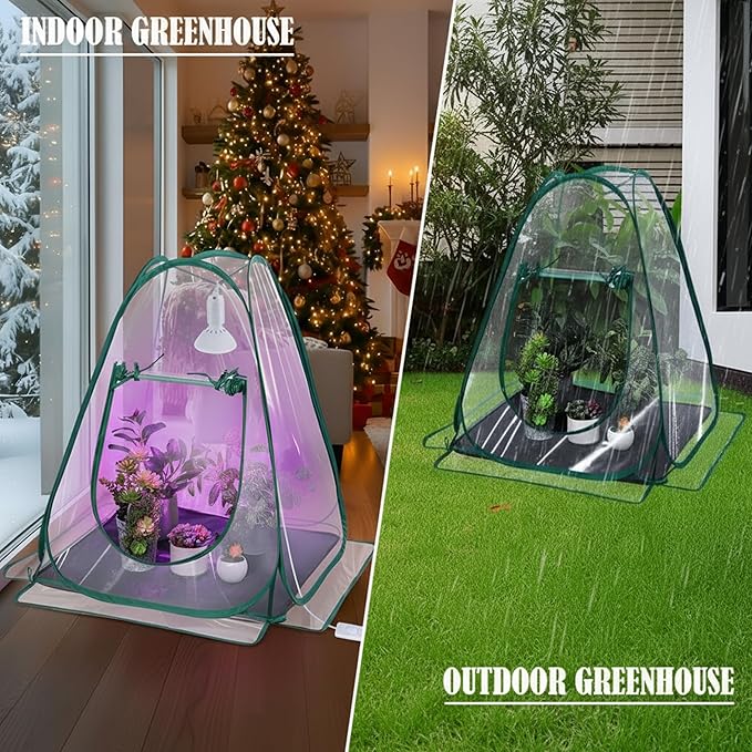 Meonum Small Greenhouse for Indoor Outdoor, Pop Up Mini Greenhouse with 10W 200 LED Grow Light Bulbs, Waterproof Bottom Mat for Indoor Outdoor Plants Seed Starting(27" x 27" x 30")