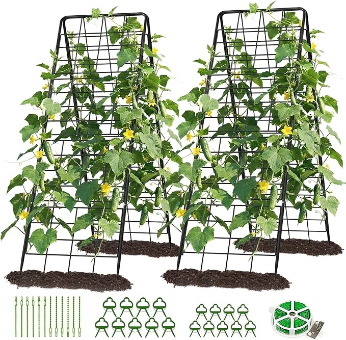 DoCred Cucumber Trellis, 59" H 2 Pack Metal Foldable Thickened A Frame Garden Trellis for Raised Bed Climbing Plants, Vegetables, Including Plant Support Clips, Twist Ties, Plastic Ties, Black