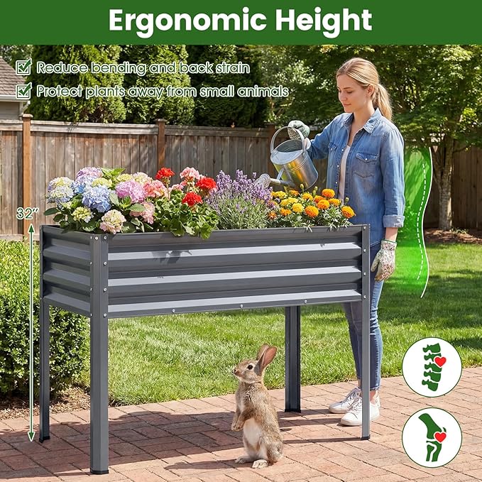 Giantex Raised Garden Bed with Legs 2 Pacs, 44" x 22" x 32" Metal Large Elevated Planter Box for Vegetable Flower Fruit Herb, Heavy Duty Outdoor Gardening Planter for Backyard Patio Balcony, Gray
