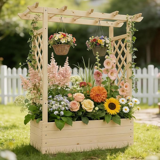 VINGLI Raised Garden Bed with Trellis & Hanging Roof, Wooden Garden Bed, Outdoor Planter Box for Yard, Garden, Balcony (Natural Wood Color, Medium)