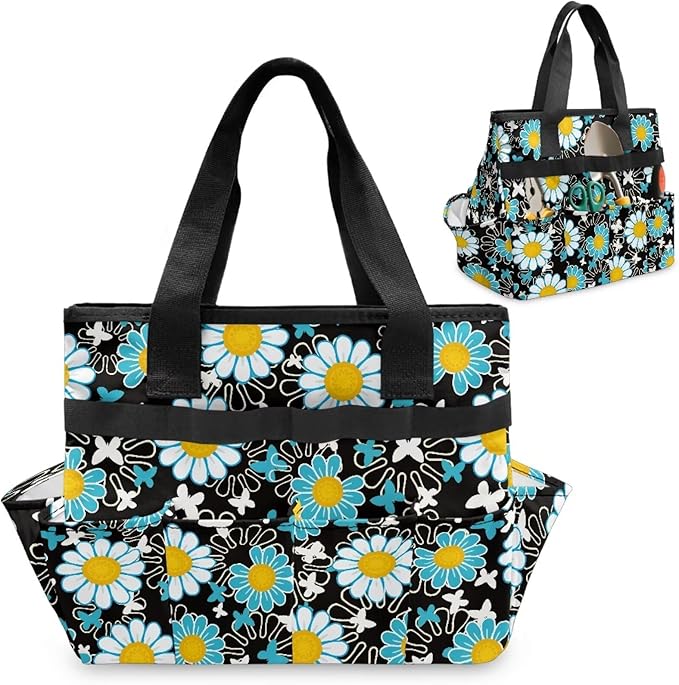 Daisy Print Garden Tool Bag Portable Gardening Tool Organizer Bag with 10 Pockets and Handle Tool Carrier and Storage for Garden Lawn Yard Casual Camp