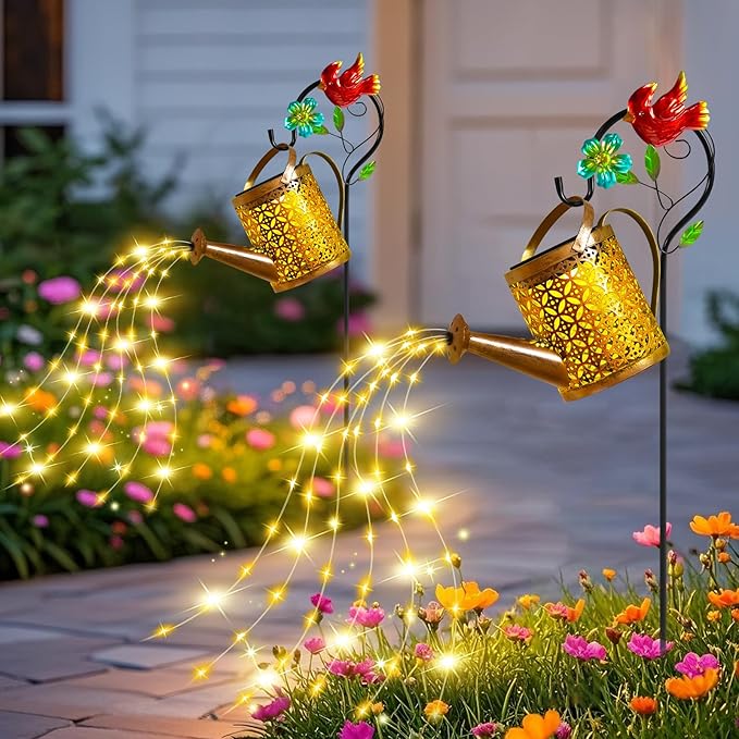 Mothers Day Gifts Solar Lights Outdoor, Watering Can with Cascading Lights, Watering Can with Hook Solar Lantern, Gardening Decor for Yard Patio, Gardening Gifts for Mom Grandma Women (2 Pack)