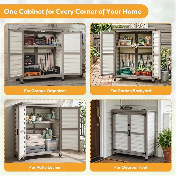 PetsCosset Outdoor Storage Cabinet with Lockable Doors, Wood & Plastic Horizontal Garden Patio Storage Box for Tools Toys Pool Accessories, Easy to Assemble, White