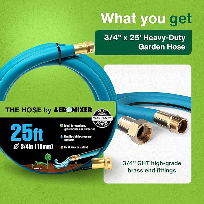 Aeromixer THE HOSE - 3/4 Inch Garden Hose 25Ft, Kinkless Commercial Garden Hoses, Heavy Duty Industrial Water Hoses for Outdoors, 650 PSI High-Pressure Watering Tool for Farming and Gardening