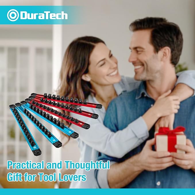 DURATECH Magnetic Socket Organizer Set, 1/4”, 3/8”, 1/2” Aluminum Alloy Socket Rail with 64 Clips, Socket Holder for Tool Box Drawer, Tool Cart and Garage Organization(6PCS)