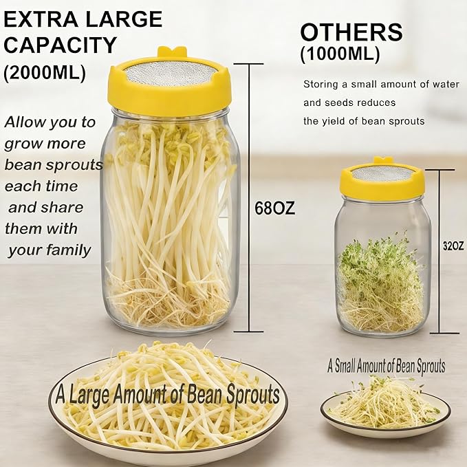 [Large Size] 68oz Sprouting Kit, 2 Sprouting Jar Kits, Wide Mouth Jars with Stainless Steel Screen Sprout Lid, 2000ml Sprouts Growing Kit, Seed Sprouter Set for Growing Broccoli, Bean, Alfalfa ﻿