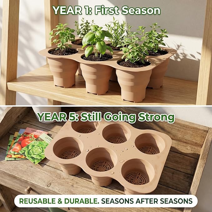 Collapsible Silicone Seed Starter Tray, 6 XL Flexible Pop-out Cells for Easy Transplant, Reusable & Multi-Season Durable Windowsill Seedling Tray, Space-Saving Starter Kit for Vegetables & Herbs