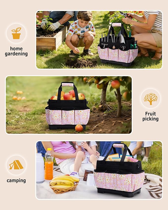 Garden Tool Bag with Hard Bottom, Garden Tote with Shoulder Strap and Multiple Pockets (No Accessories Included), Pink Sunflower