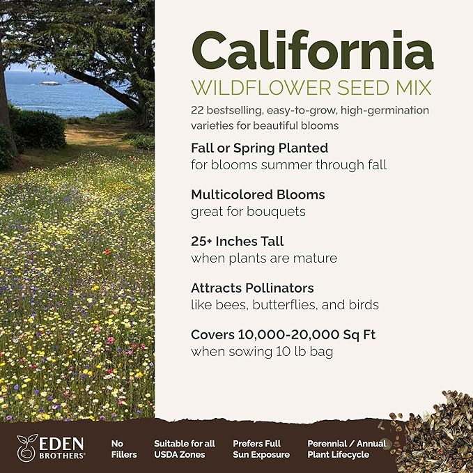 Eden Brothers California Wildflower Mixed Seeds for Planting, 10 lb, 4,800,000+ Seeds with Black Eyed Susan, Shasta Daisy | Attracts Pollinators, Plant in Spring or Fall, Zones 3, 4, 5, 6, 7, 8, 9, 10