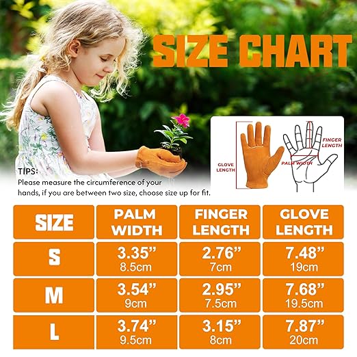 HANDLANDY 2 Pairs Kids Genuine Leather Work Gloves for ages 3-11, Children Gardening Gloves for Boys, Girls (Small (for age 2-4), Orange)