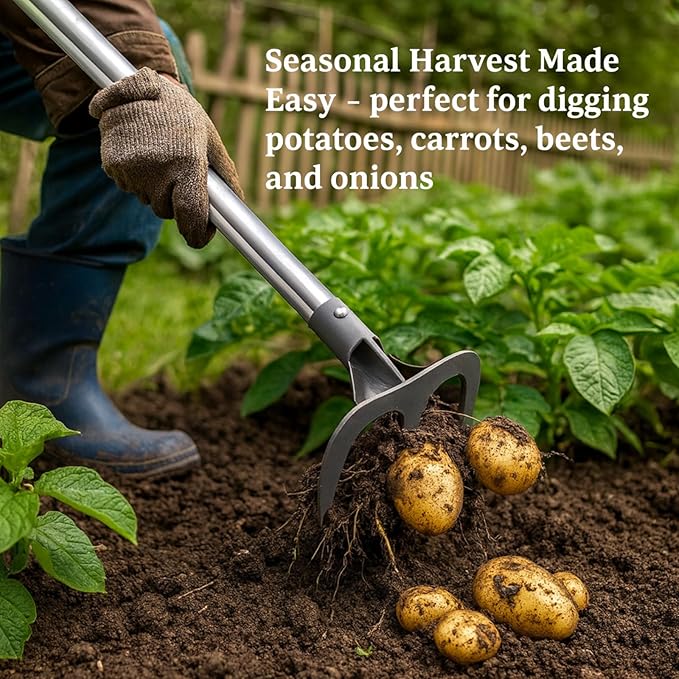 Potato Hand Rake Garden Tool - 47" Long Handle Cultivator Weeding Rakes, 3-Tine Heavy Duty Carbon Steel with D Grip for Grass Root Digging,Soil Loosening,Dirt Turning