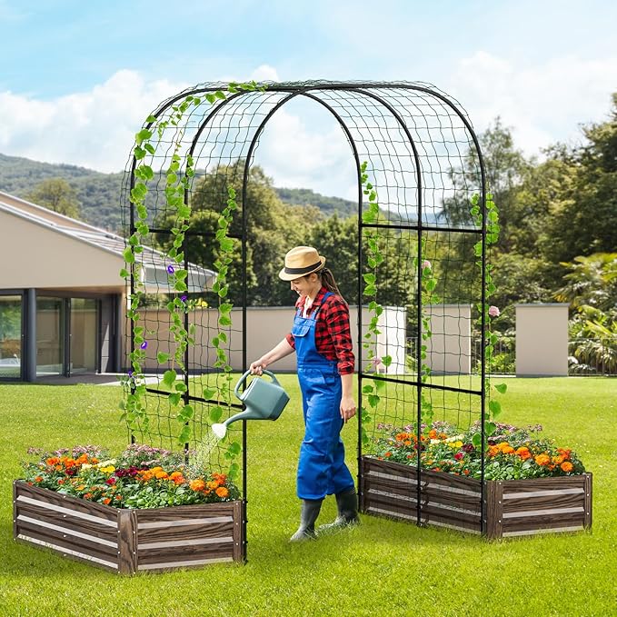 3 in 1 Galvanized Raised Garden Bed with 87" H Arch Trellis for Climbing Plants, Outdoor Gardening Planter Box with Climbing Net for Flower Vegetables Fruits Herbs, Wood Grain