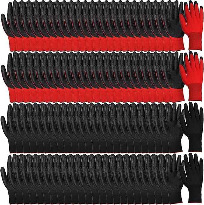 Lawei 48 Pairs Gardening Gloves for Men Women, 9 Inch Rubber Coated Safety Work Gloves Bulk, Breathable Reusable Garden Gloves for Weeding, Digging, Raking, Pruning and Construction, Black and Red
