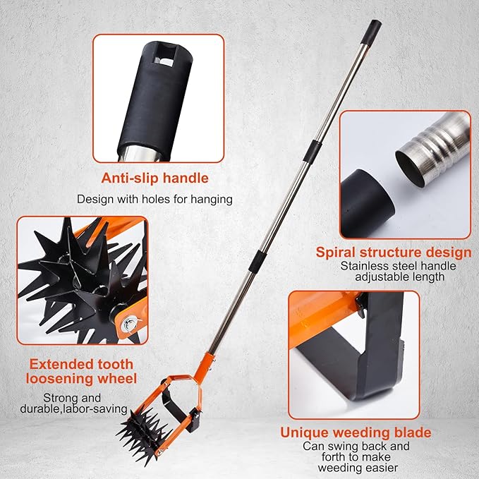 72inch Rotary Cultivator,Gardening Hand Tiller,Adjustable Long Handle,2-in-1 Weeding Cultivator,Aerate,Weed,Till,Sow,Lawn Care,Manual Tiller,Soil Aeration & Mixing