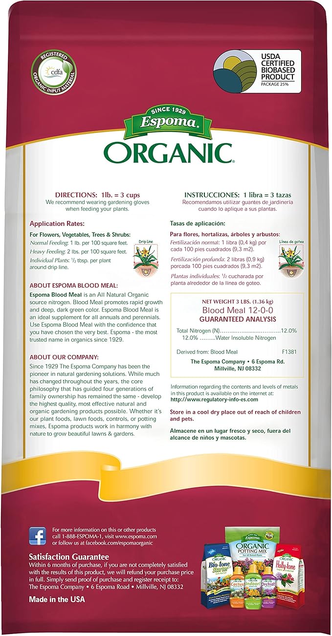 Espoma Organic Blood Meal Fertilizer 12-0-0. All-Natural Plant Food Source of Nitrogen for Organic Gardening. For Flowers, Vegetables, Trees & Shrubs. 3 lb. Bag - Pack of 1.