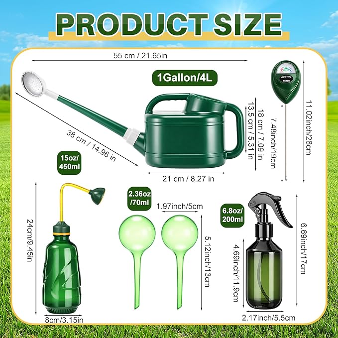 Reallnaive 6 Pcs Indoor Watering Can Set 1/2 Gallon Can 6.8 oz Spray Bottle 17 oz Squeeze Bottle Plant Watering Globes Soil Moisture Meter Small Spraying Set for Indoor Outdoor(Army Green)