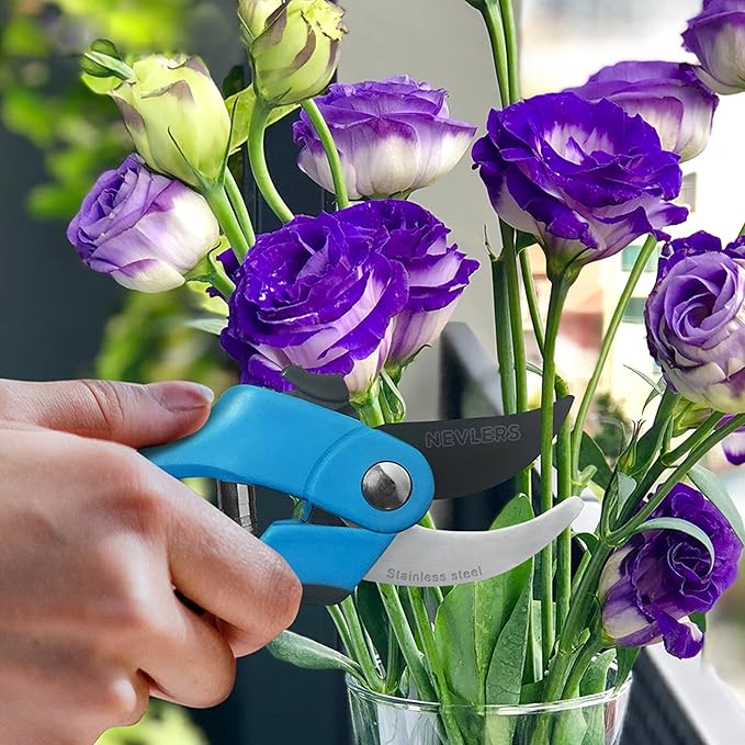 Nevlers 8" Blue Bypass Pruning Shears Heavy Duty | Ergonomic Plant Shears & Floral Scissors w/Steel Blades & Safe Lock | 8mm Cut Garden Clippers Handheld Pruning Scissors for Flower Stems & Branches