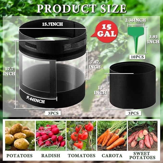 3 Pack 15 Gallon 360° Visibility Potato Grow Bags with Shading Flap, Plant Grow Bags for Growing Potatoes Heavy Duty Thickened Nonwoven Fabric Gardening Vegetable Growing Bags with Harvest Window